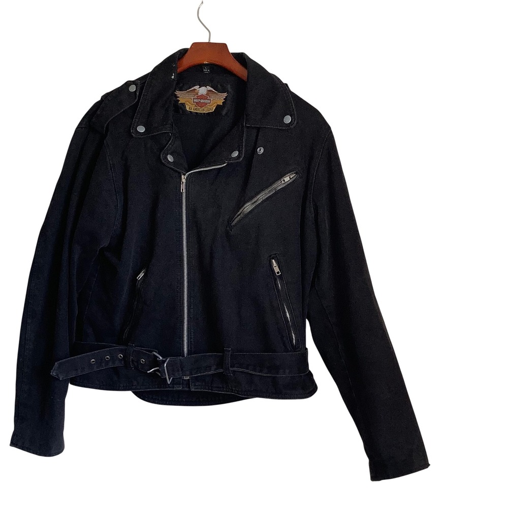 Harley-Davidson‎ Womens Black Canvas Biker Moto Jacket Belted Size Large